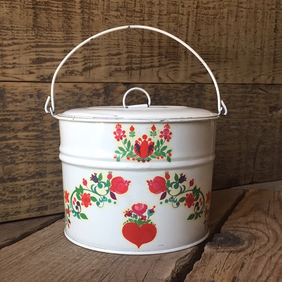VTG Nordic Folk Art Floral Tin Pail with Lid